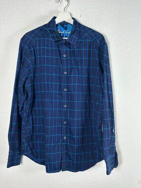 Robert Graham Mens Blue Button-Up Shirt Large Classic Grid Pattern Long Sleeve